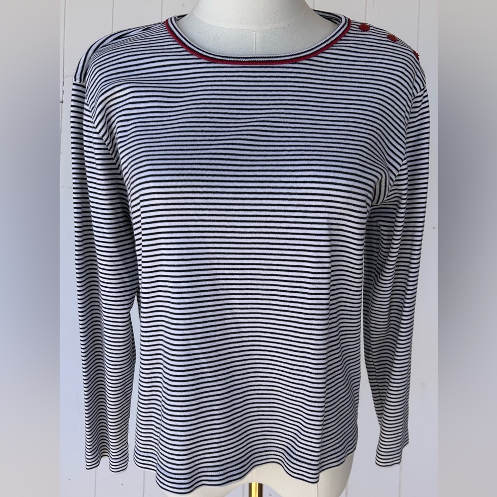Talbots Petites Women’s Knit Top Boat Neck Long Sleeve Button Detail Med Petite